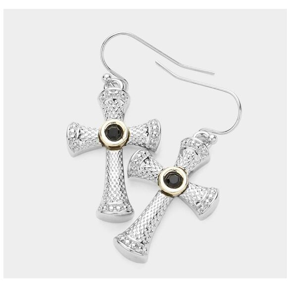 NWT MX silver tone  Celtic cross earrings cut glass centers . - Picture 1 of 5